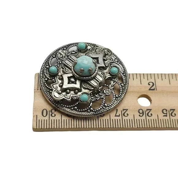 Blue Art Glass Flower Medallion Openwork Brooch Pin Silver Tone Vintage - Picture 4 of 4